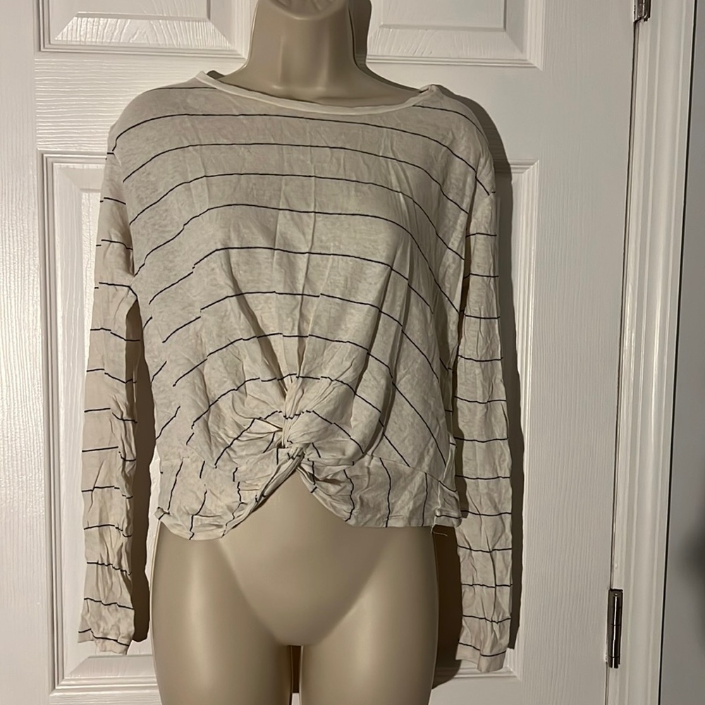 AllSaints Carme Long Sleeve Stripe Twist Front Tee in Chalk/Ink - Medium